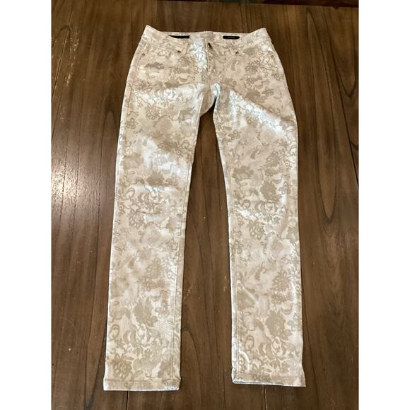 Cache Floral Lace Jacquard Print Skinny Jeans Gold/Off White lowrise Pants 2 - Picture 1 of 13